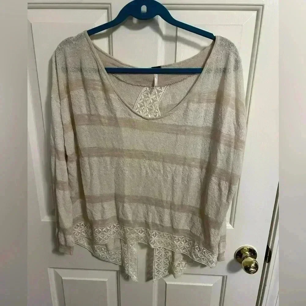 Free People Tan And Cream Striped Linen Blend Split Back Blouse XS‎